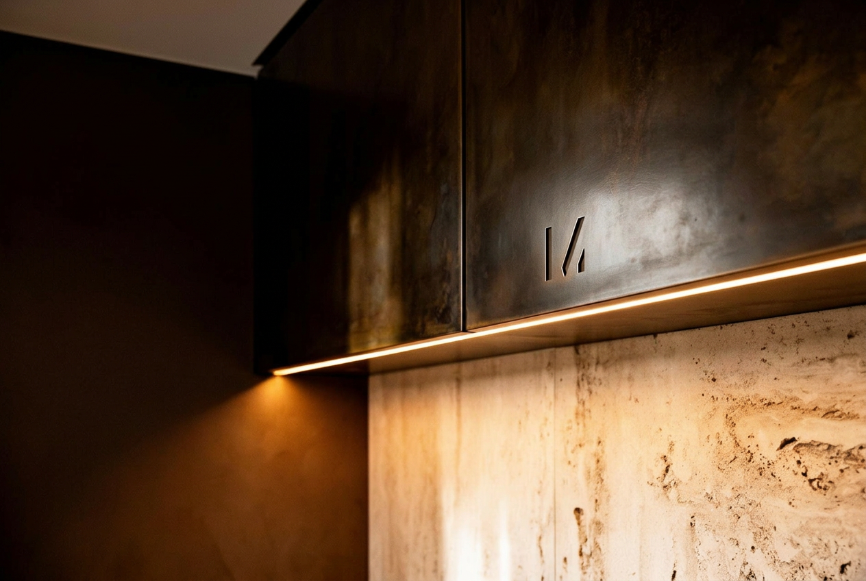 Bronze architectural panel with linear LED light reveal and engraved M/4 monogram